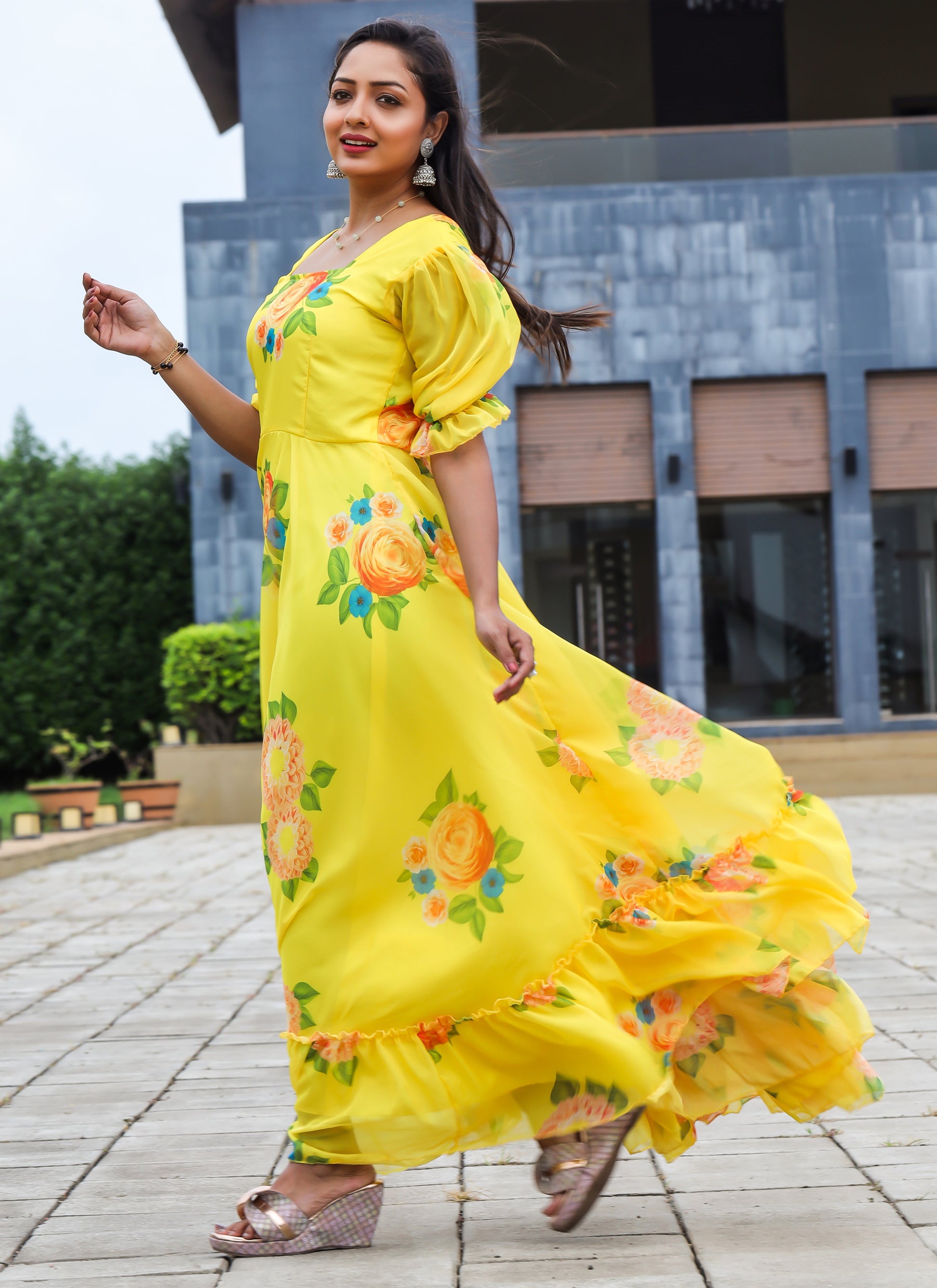 lemon yellow georgette floral printed party wear maxi dress reviews Lemon Yellow Georgette Floral Printed Party Wear Maxi Dress Shinisha