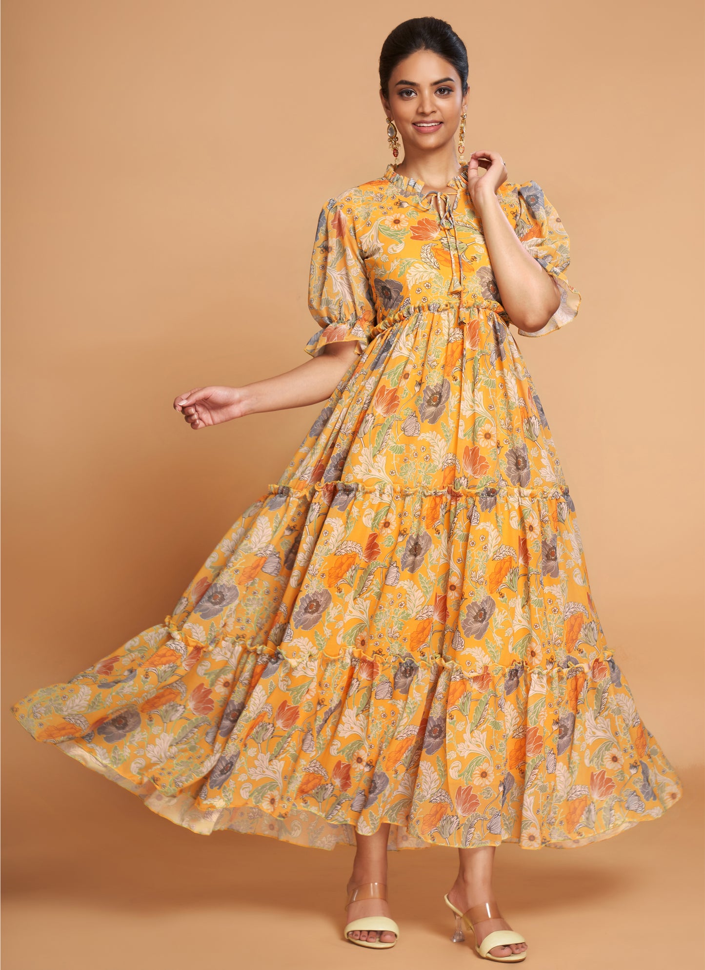 Yellow Floral Maxi Dress – Indian Rani