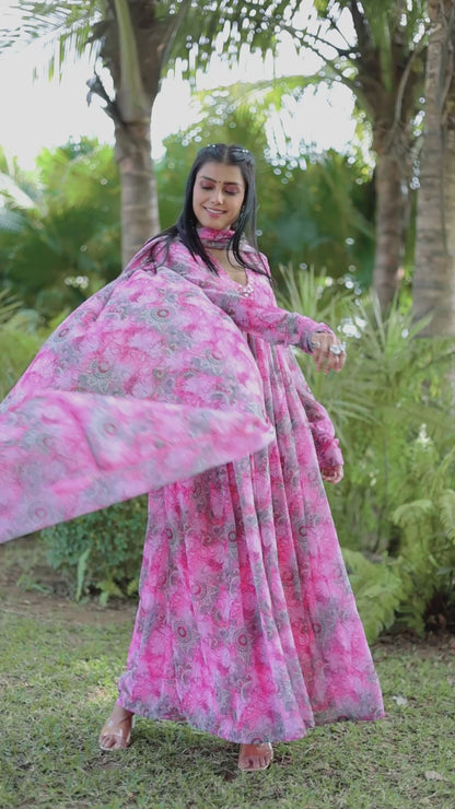 Printed Pink Gown With Dupatta
