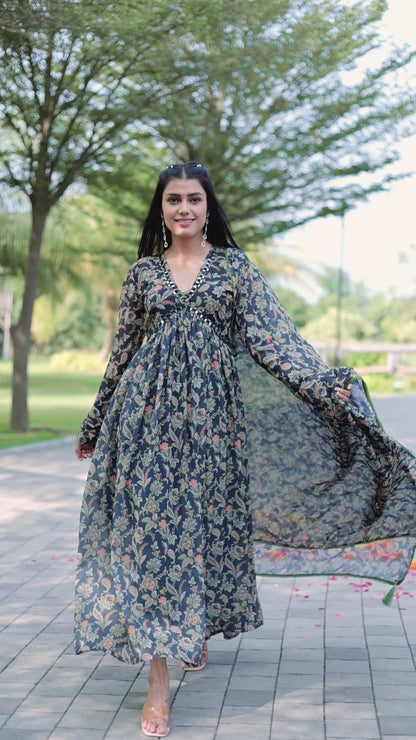 Printed Black Gown With Dupatta